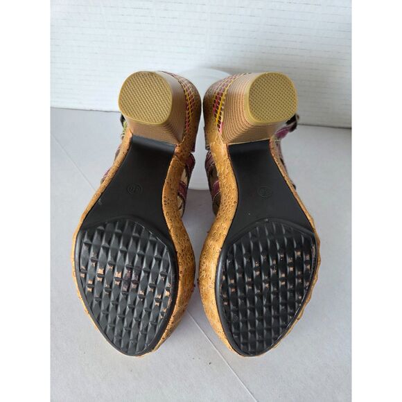 SOCOFY Leather Boho Platform Sandals Pink Floral Tooled Heels Sz 6/36 Artsy Chic - Picture 6 of 8